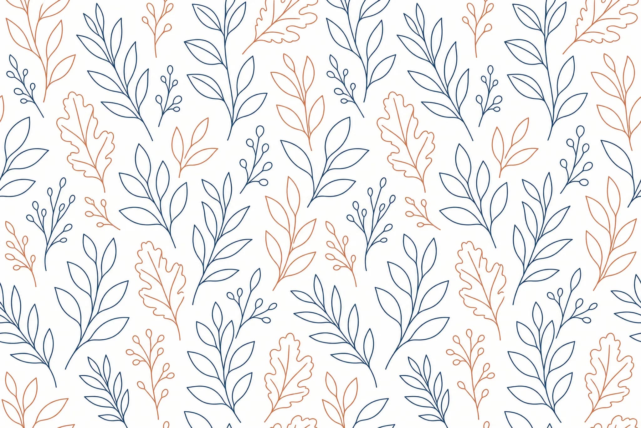 The Leaf Line pattern laid flat: outline-only botanical leaf drawings in a single line weight, no fill and no shading, stems arranged so they never cross, two colours