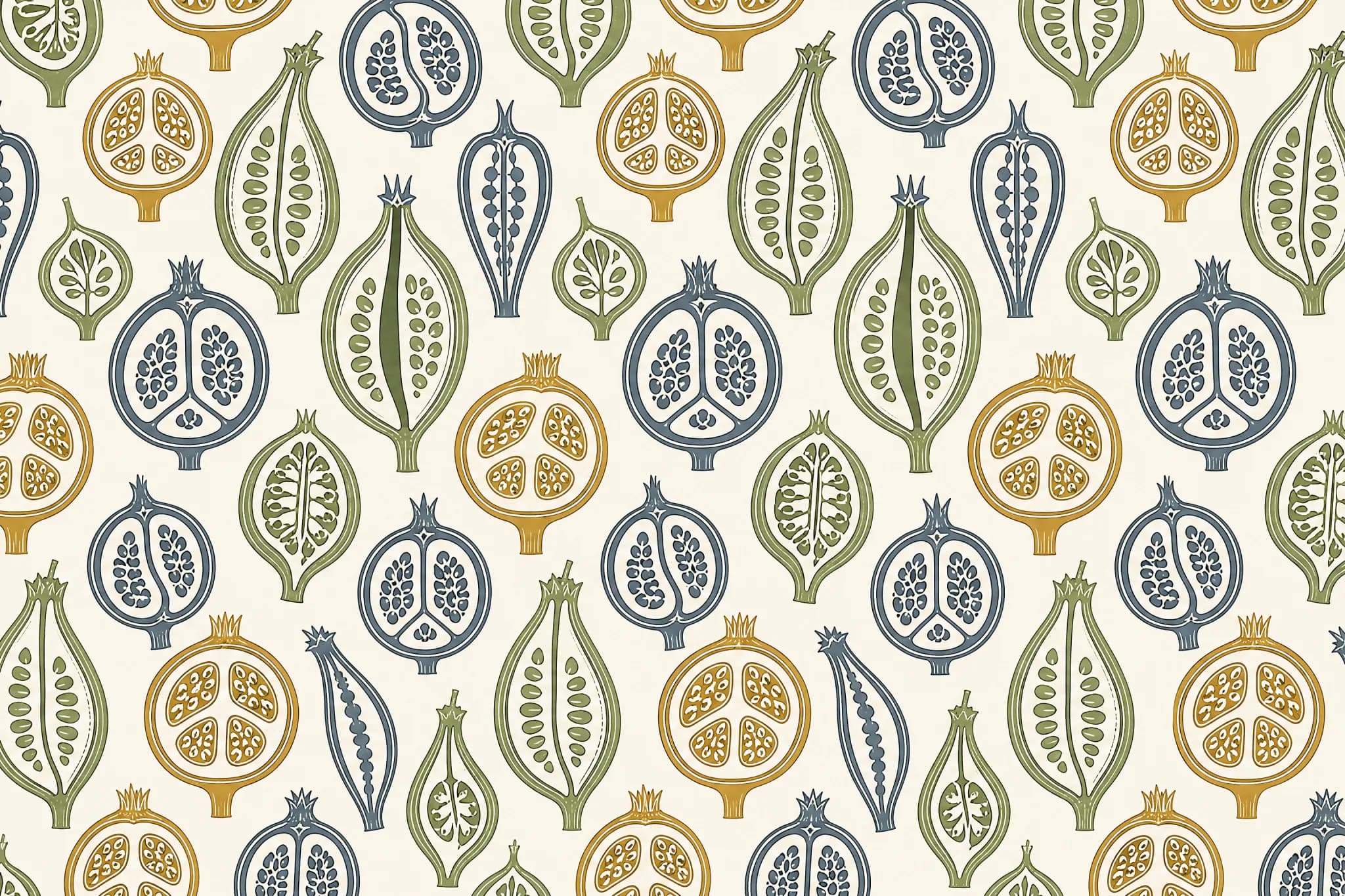 The Seed Pod pattern laid flat: botanical seed pods drawn in cut cross-section showing internal chambers and seeds, flat diagram style, three colours, arranged in an even repeat