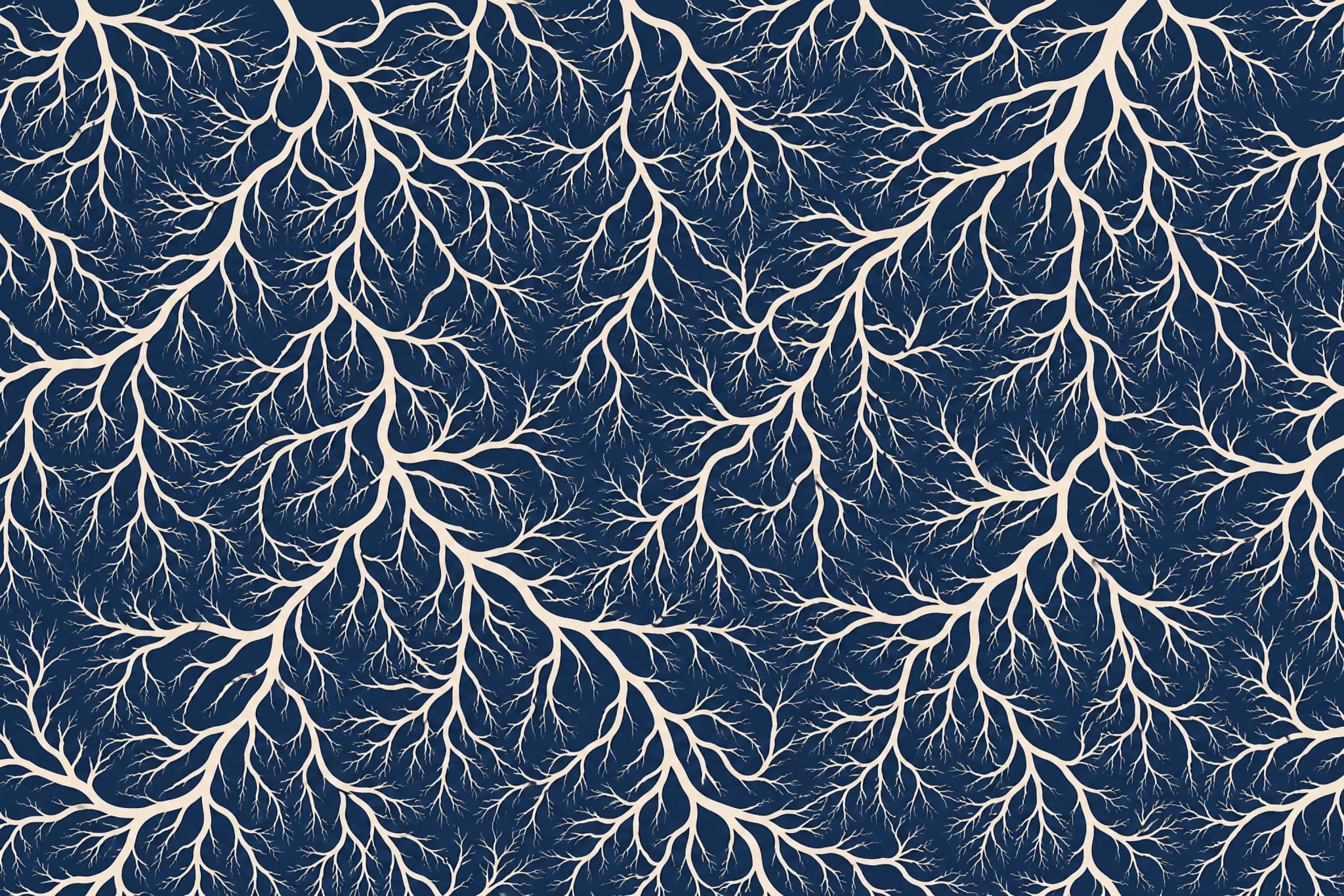 The Root System pattern laid flat: a continuous branching root network drawn in fine tapering lines, branching down to hair-thin ends, spanning the full repeat as one connected structure, two colours