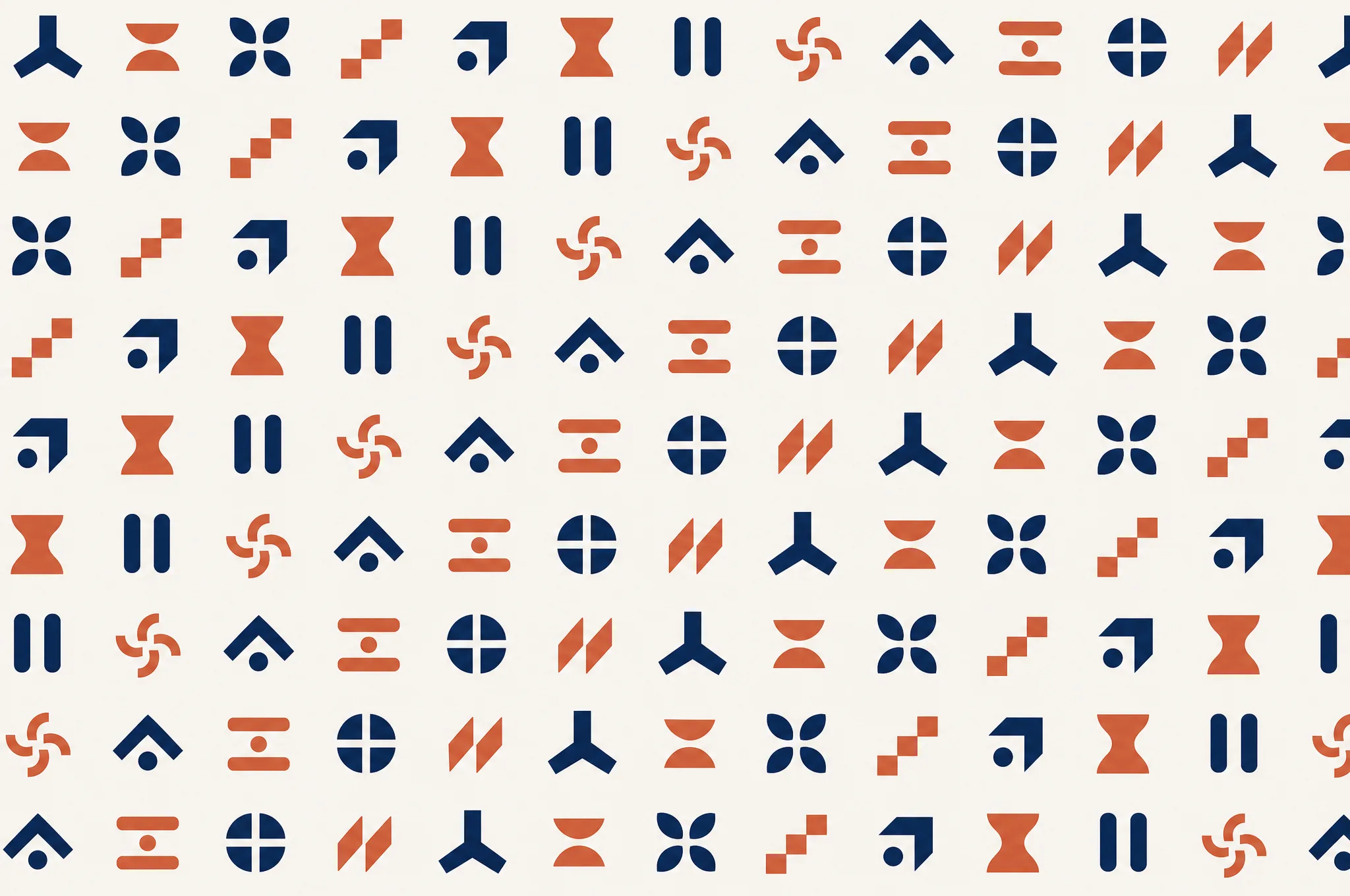The Mark Small pattern laid flat: an even array of twelve small invented abstract marks about 5 mm each, deliberately not letters or numerals of any existing writing system, two colours, crisp ink strokes