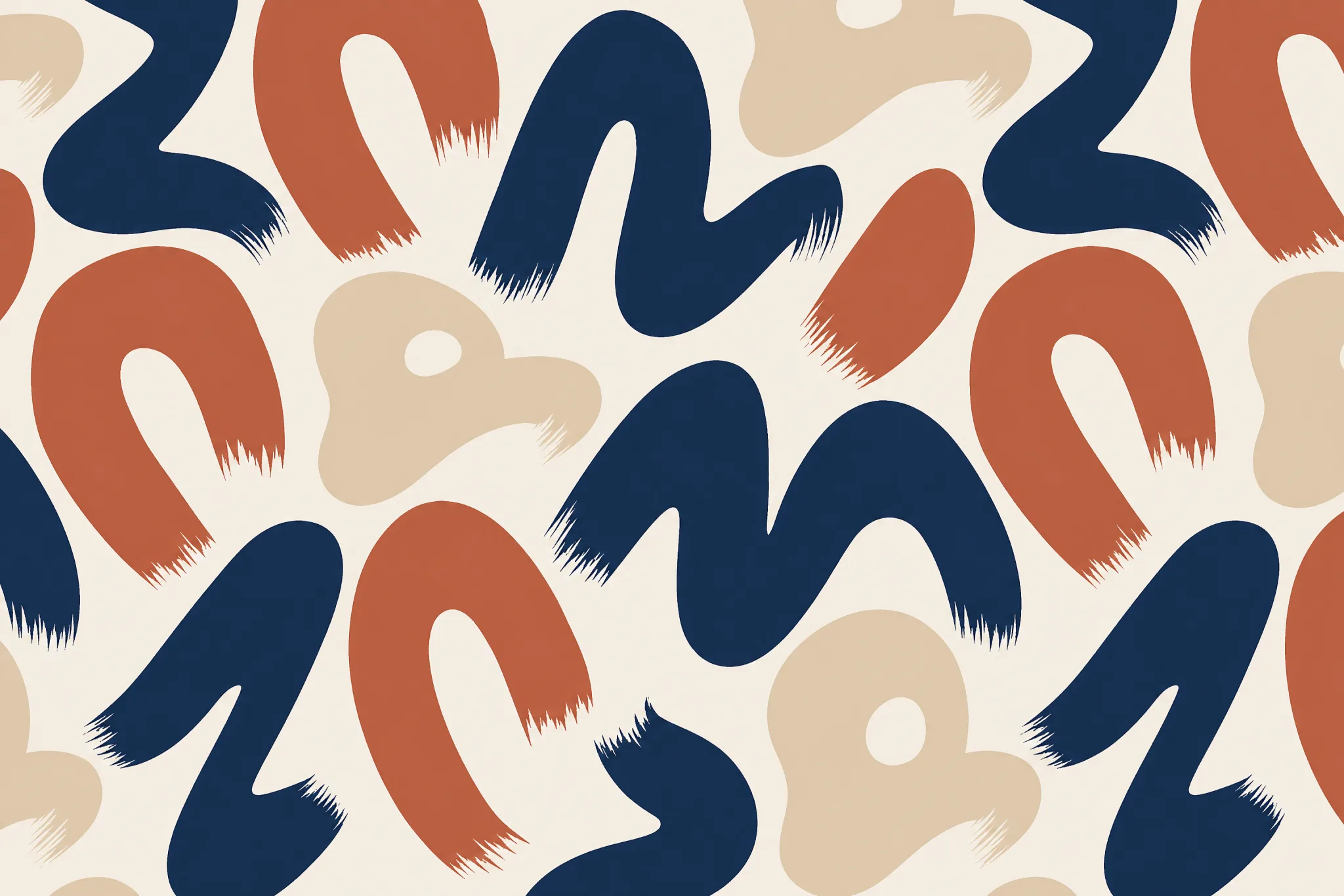 The Mark Large pattern laid flat: three large invented abstract marks with visible brush-stroke terminals, each covering a large area, not letters of any writing system, two colours