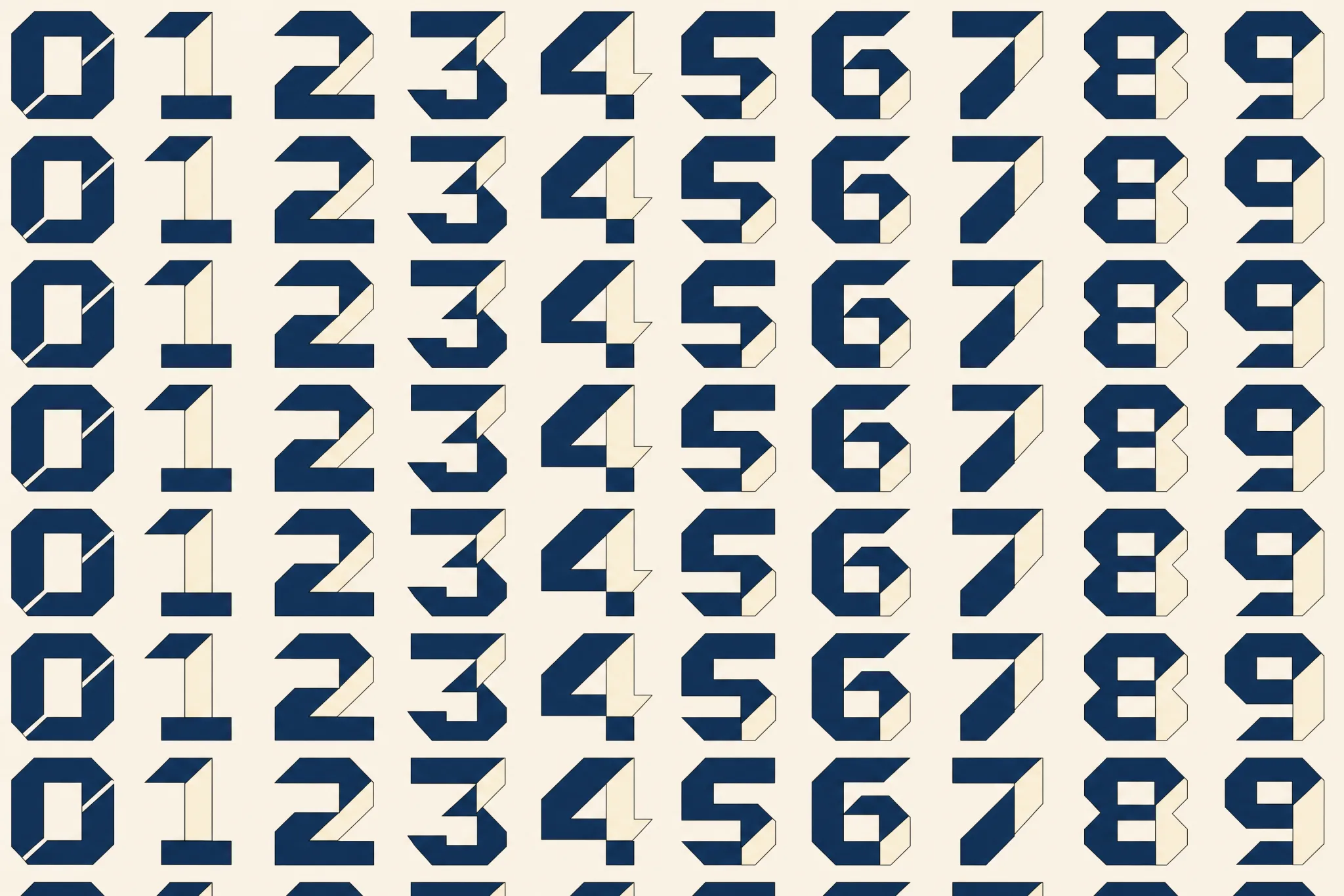 The Numeral Grid pattern laid flat: the digits zero to nine arranged on a strict square grid, drawn in a custom geometric numeral style made for this pattern, two colours, even spacing