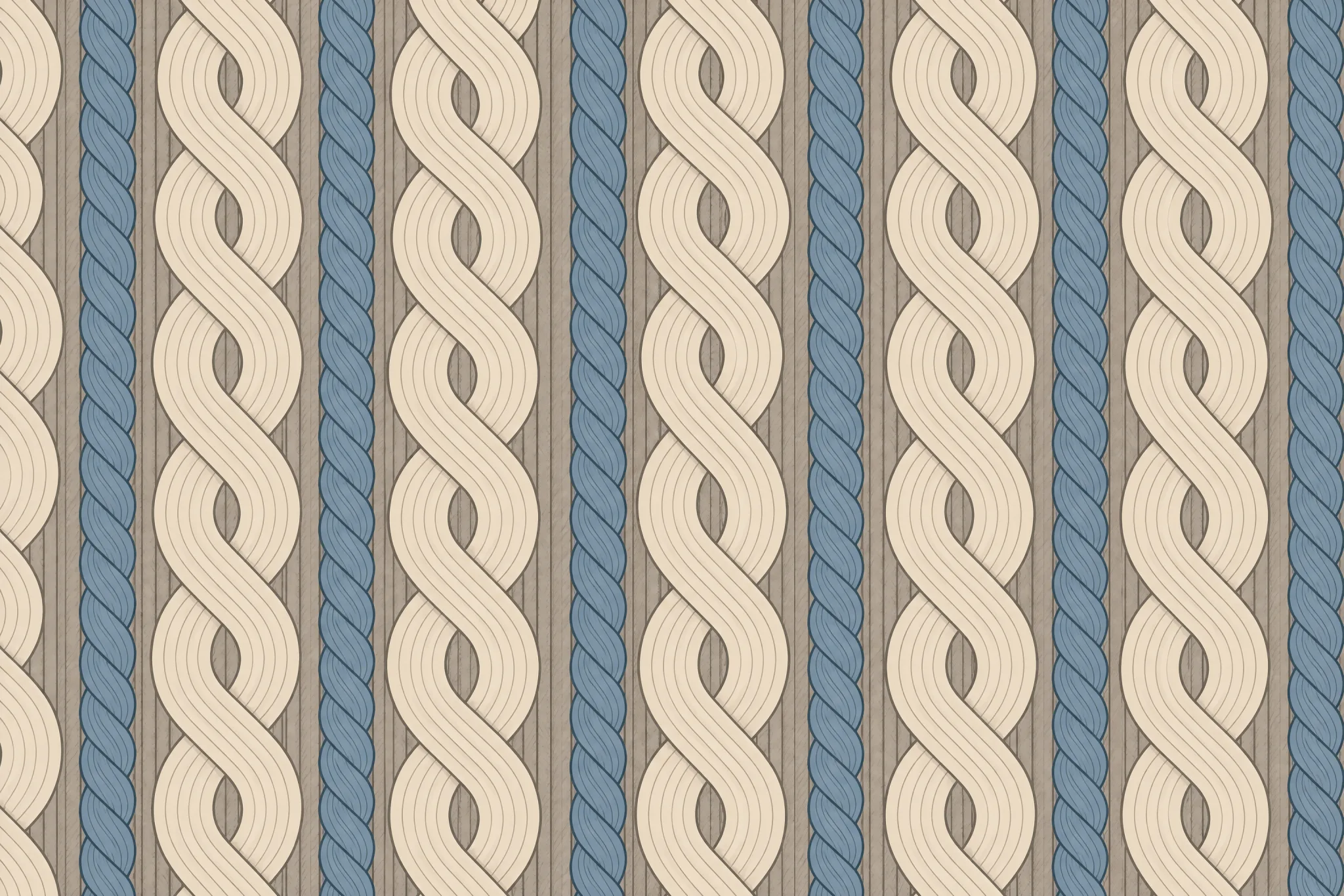 The Faux Cable pattern laid flat: a classic cable knit pattern drawn flat as an illustration with shading implying rope twist depth, clearly a two-dimensional drawing of cable rather than real knitted relief, three colours