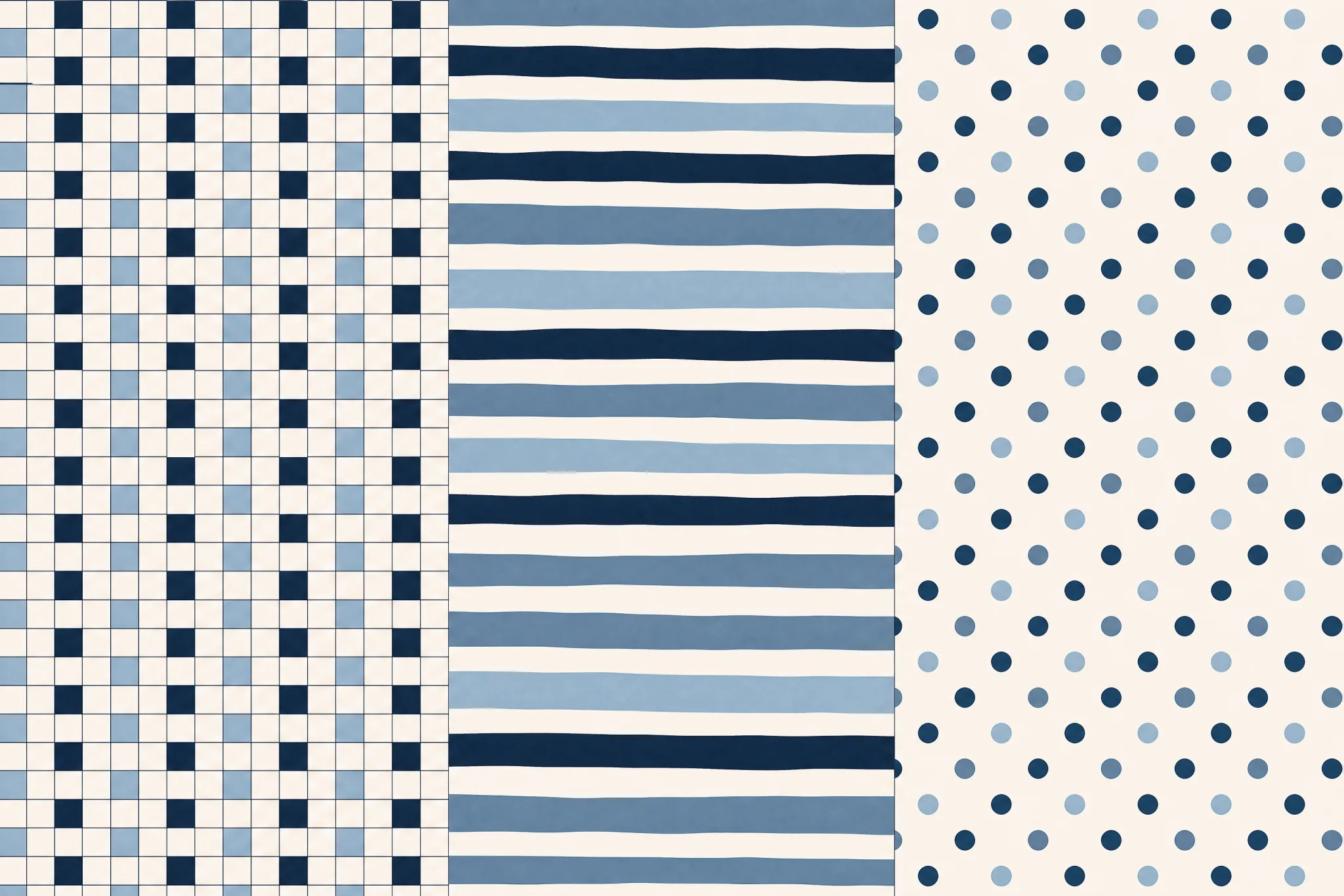 The Geometric 3-Pack pattern laid flat: three flat pattern design sheets laid side by side — a fine 4 mm square grid, uneven horizontal bands, and scattered uniform dots — presented as one comparison plate