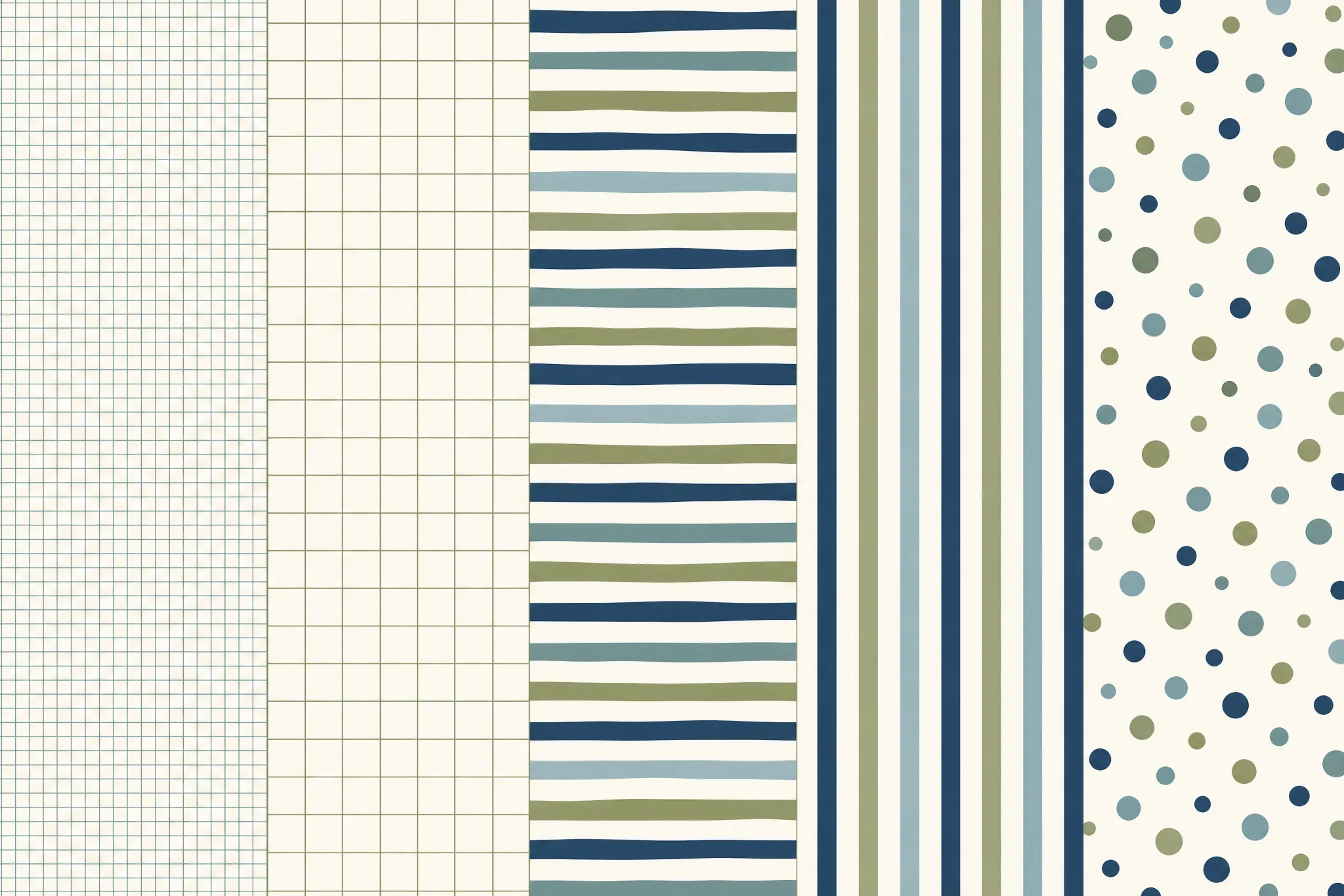The Geometric 5-Pack pattern laid flat: five flat pattern design sheets in a row — a 4 mm grid, a 12 mm grid, uneven horizontal bands, even vertical stripes and scattered dots — arranged from smallest repeat to largest