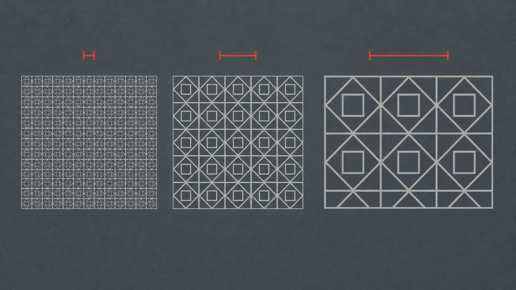 Three patterns of the same drawing at very different repeat sizes, each with a vermilion bracket showing its repeat unit