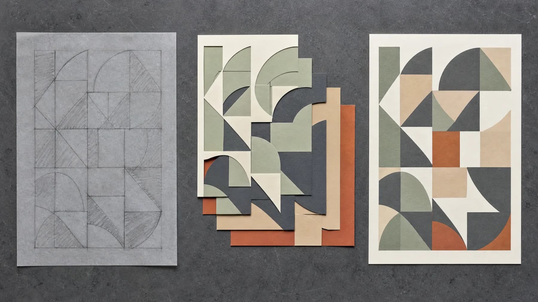 Three stages of one pattern laid out flat: a pencil sketch on tracing paper, the separated colour layers offset from one another, and the finished printed sheet