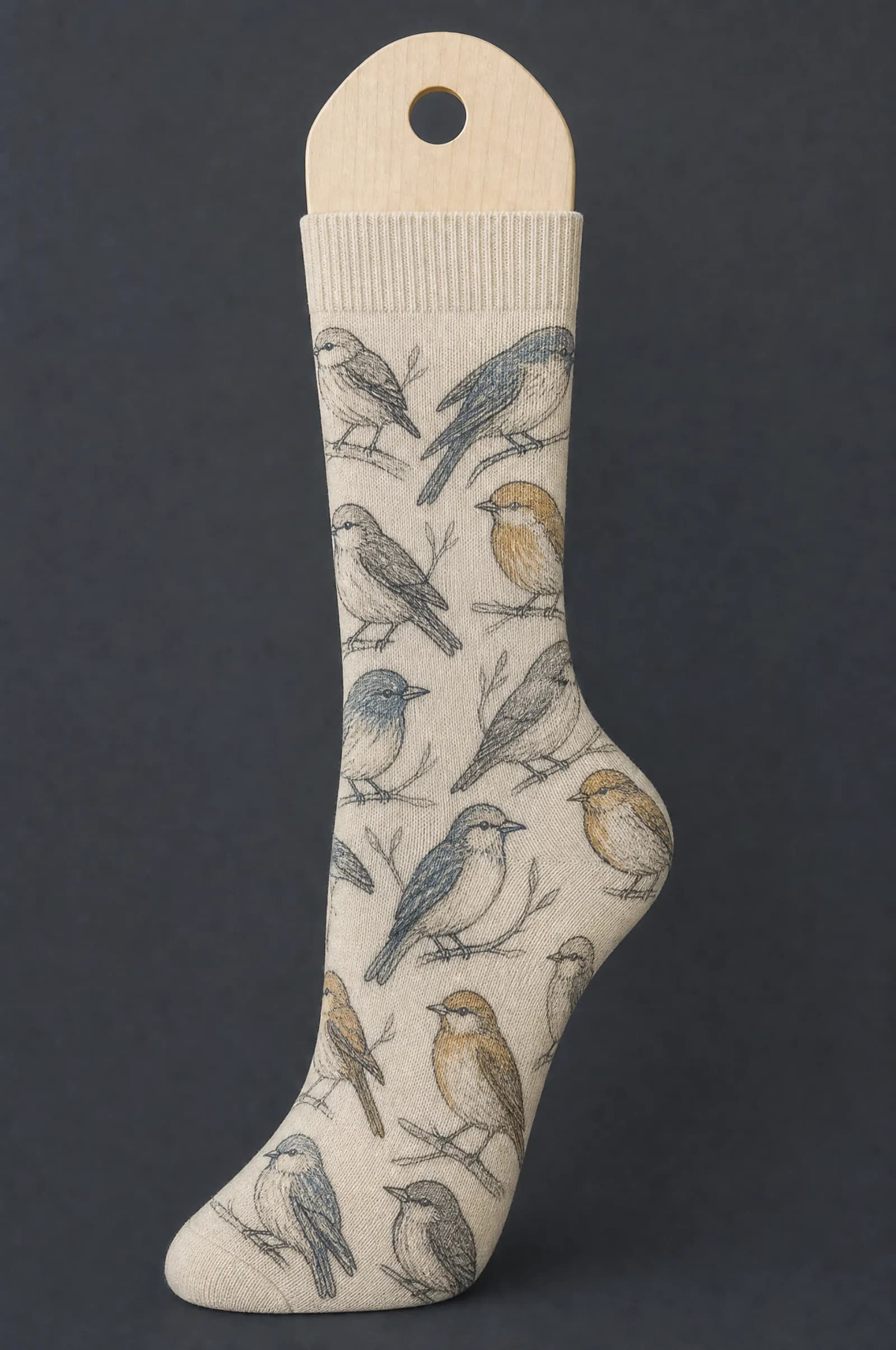 The Bird Study pattern on a sock stretched over a sock form, showing how the drawing curves and compresses