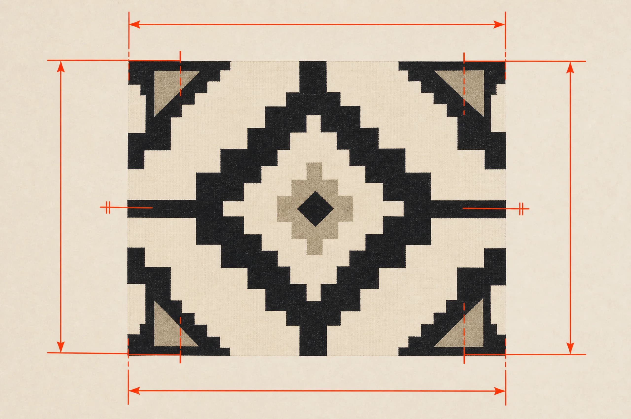 A pattern sheet photographed flat with vermilion dimension lines bracketing one repeat unit